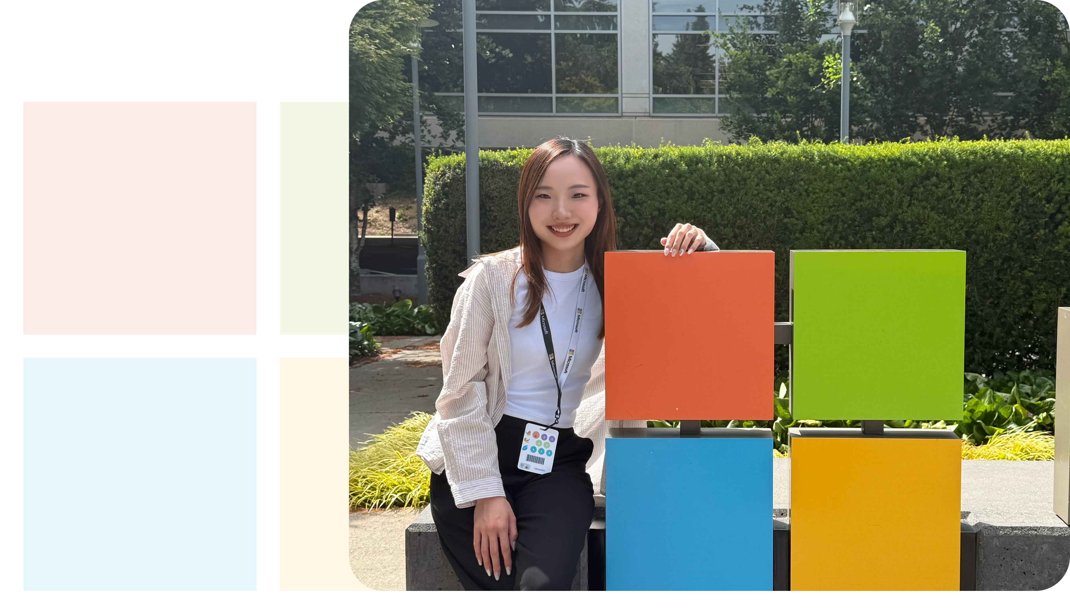 Lina at Microsoft with the Microsoft logo blocks